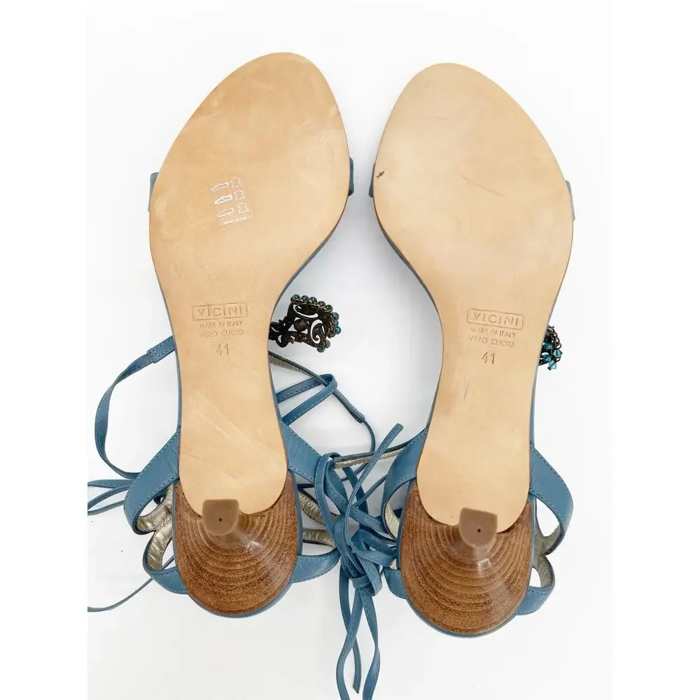 Giuseppe Zanotti y2k Vintage Teal Ankle Wrap Crystal Beaded Charm Sandals IT 41